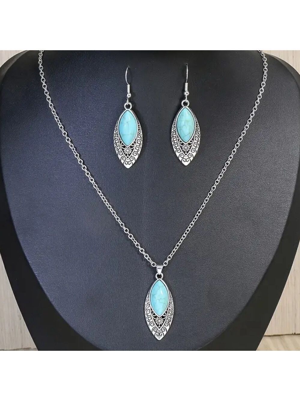 Elegant Silver and Turquoise Necklace and Earring Set - Picture 2 of 2